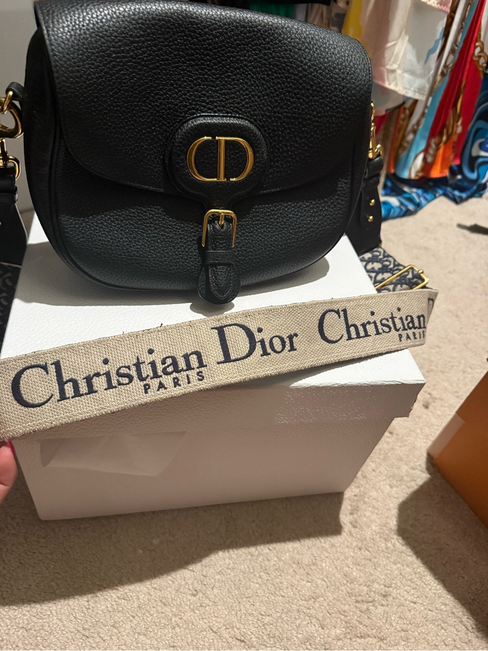 Dior Black Pebbled Leather Saddle Bag with Beige Christian Dior Strap